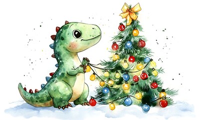 Fototapeta premium Cute Dinosaur Decorates Christmas Tree in Watercolor Style