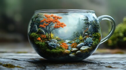 A glass cup depicting a serene landscape with trees and rocks.