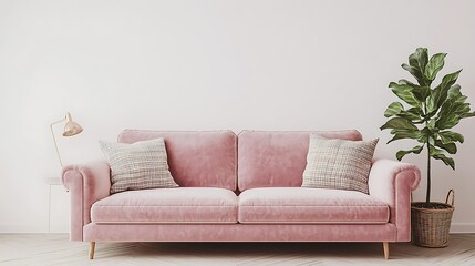 Cozy pink sofa with pillows and a plant in a modern setting.
