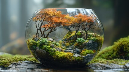 A serene miniature landscape in a glass terrarium with autumn trees.