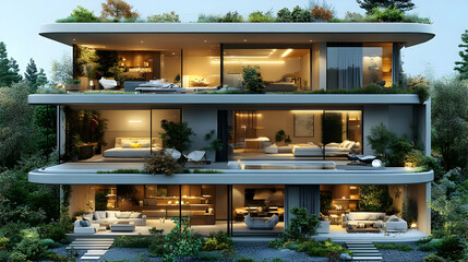 Modern Home Design with Green Roof and Indoor Plants