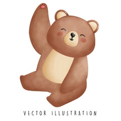 Charming Bear Leaning and Waving - Fun Water Color  Illustration