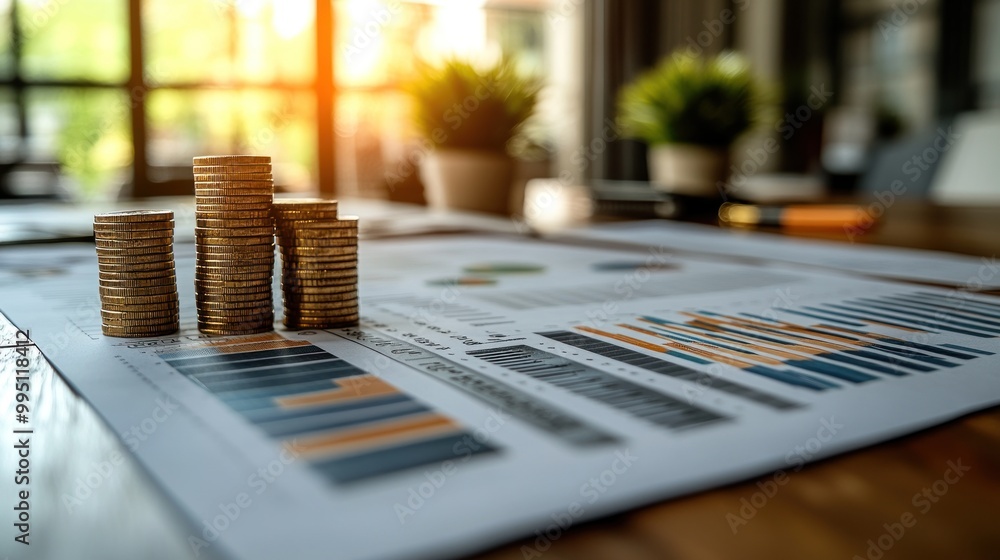 Poster stacked coins on financial documents with graphs and charts.