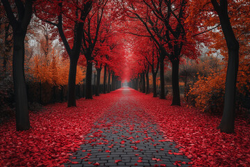 Enchanting Autumn Pathway with Vibrant Red Foliage and Cobblestones