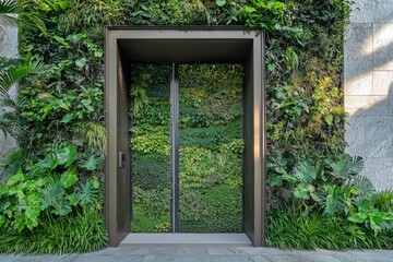 A door made entirely of living plants and vines, seamlessly integrated into a modern, sustainable building, opening to reveal a pristine, natural landscape, symbolizing the harmony between technology 