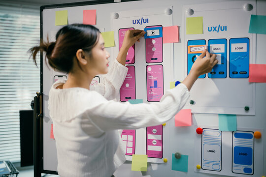 Female ux ui designer is arranging a wireframe application layout development template for a mobile phone on a whiteboard. She is working on a new design for a mobile application