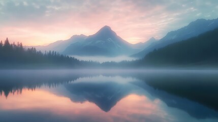 Misty mountains reflected in a serene lake at dawn