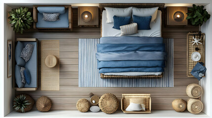 Bedroom Design with Wicker Furniture and Blue Accents