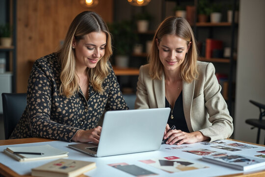 Teamwork, laptop and fashion with women in design agency for trend forecast, textile pattern or creative director. Planning, production stylist or project management with people for branding identity