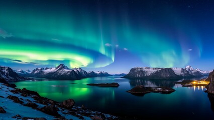Naklejka premium Northern Lights Stars Mountains Lake Lofoten Islands Norway