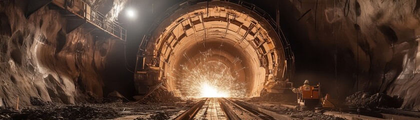 Naklejka premium Underground tunnel boring machine carving through rock, with sparks flying and engineers monitoring the process