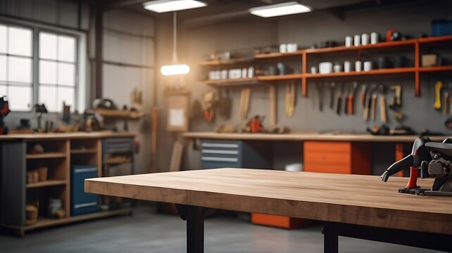Empty tabletop against the backdrop of a workshop