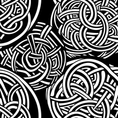 Seamless geometric pattern Celtic knots and spiral tessellations rendered in a minimalist black and white style for a modern background