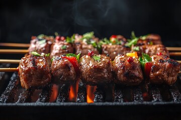 Shashlik-style meat and veggie kebabs cooked on a barbecue. Generative Ai