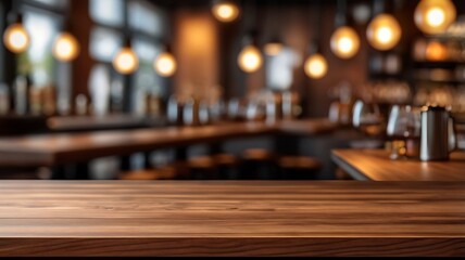 empty wooden brown table top on the background of a blurred bar
