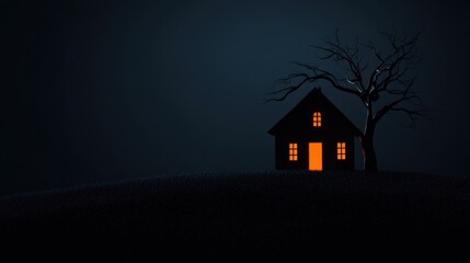 Dark night scene with a glowing house and a silhouetted tree.