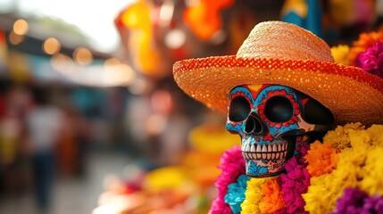 Colorful sugar skull decoration with a sombrero and vibrant flowers.