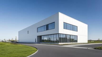 Fototapeta premium Modern architectural building with large windows and a sleek facade, set against a clear blue sky and green landscape.