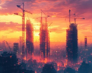 A futuristic city skyline with towering cranes and scaffoldings under a vibrant sunset, symbolizing urban growth and modern construction