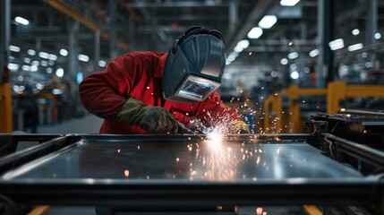 A welder works meticulously in a factory, crafting metal components and creating sparks of innovation in a dynamic industrial setting.
