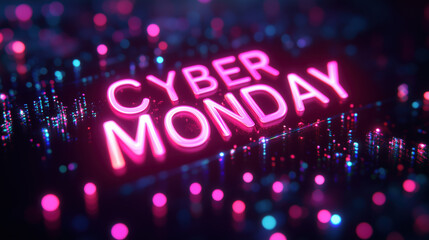 Cyber Monday neon sign with vibrant lights and digital background