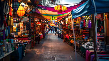 Obraz premium International marketplace with colorful booths selling goods, art, and food from different nations.