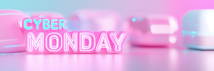 Cyber Monday neon sign with vibrant pink background, perfect for promotions