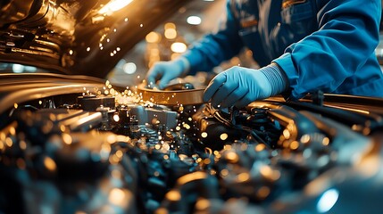 A mechanic in blue coveralls carefully replacing a car belt under a brightly lit car hood, with detailed engine components visible. The light reflects off the metallic engine parts, creating a clean,