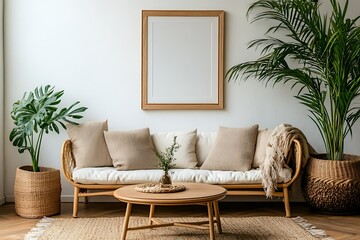 Cozy living room with natural decor and plants.