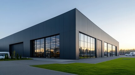 Fototapeta premium Modern industrial building with large glass windows and sleek design, surrounded by green lawn at sunset, perfect for architecture visuals.