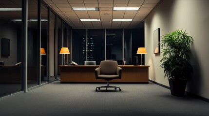 Fototapeta premium Empty Modern Office at Night with Soft Lighting