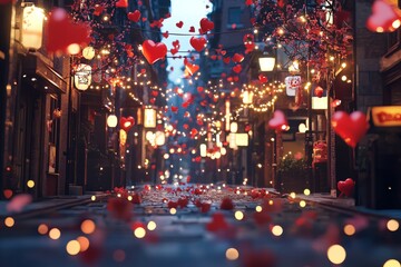 A 3D promotional background featuring balloon-like red envelopes scattered across a lively street scene decorated with warm lights