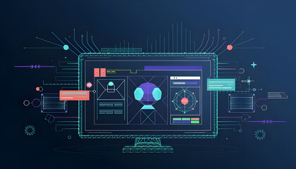 Abstract polygonal 3d illustration of computer screen and robotics in dark blue. Innovative web development, app or website design concept. Digital vector mesh with lines, dots, stars and particles. 