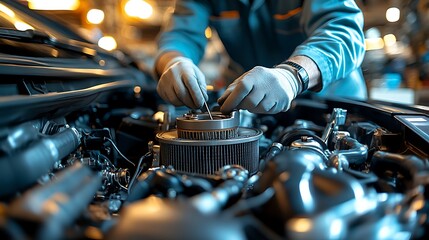 A mechanic in coveralls carefully opening the radiator cap of a car, checking the coolant levels, with tools scattered around the engine bay.