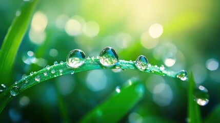 Close-up of fresh rain droplets delicately resting on vibrant green grass blades in early morning light the scene feels refreshing and alive with nature