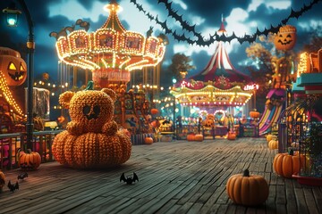Obraz premium A 3D Halloween-themed promotional background featuring a cozy knitted texture with whimsical amusement park elements and spooky decorations like pumpkins and bats
