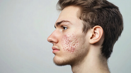 Fototapeta premium Closeup man face with red pimples, inflammation on face and problem skin. Acne, rosacea and couperose therapy. Facial treatment skincare routine and hygiene Cosmetic and beauty banner with copy space