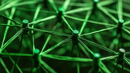 Intricate green rope lines interweave to form a connected network with central pegs holding the structure together creating a sense of connectivity and organization