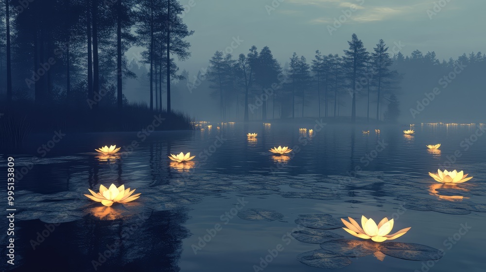 Poster a calm lake with glowing lilies floating on the surface, surrounded by towering trees