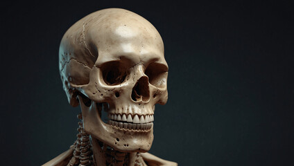 A detailed image of a human skull and upper neck bones.

