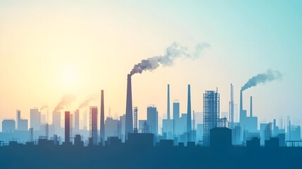 Fototapeta premium Silhouetted Industrial Skyline with Smoke Plumes at Sunset