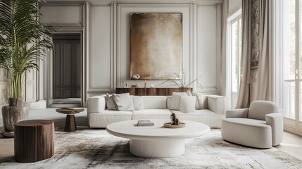 Top white wood table in living room background. 