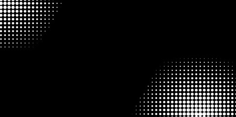 Abstract background with bright white halftone dots. Monochrome white and black halftone background with circles. Vector illustration. Shiny Polka Transparent Vector Black Background.