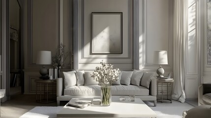 Top white wood table in living room background. 