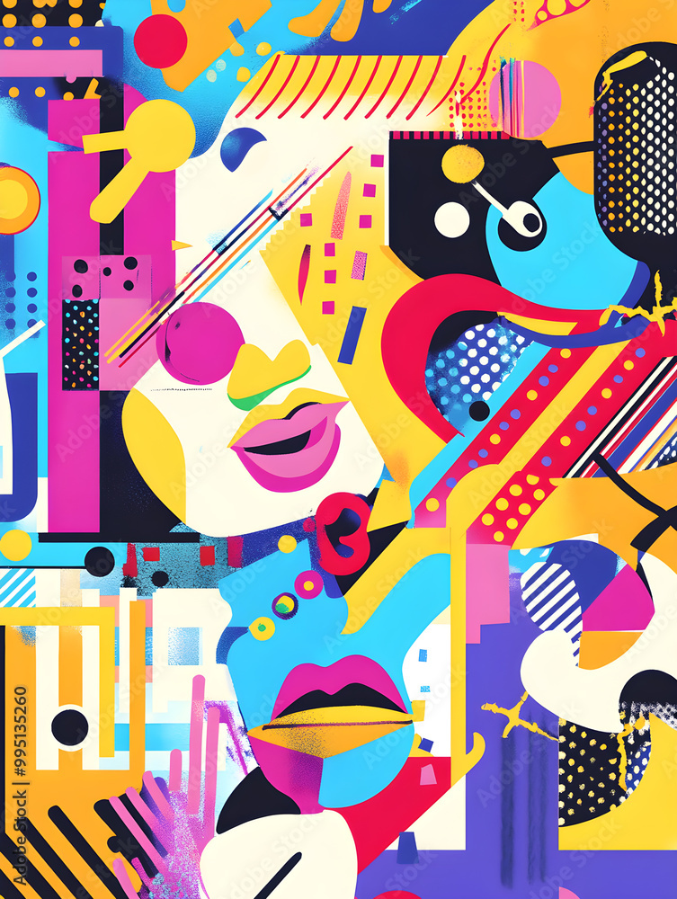 Poster a colorful collage of faces and objects with a bold, abstract style