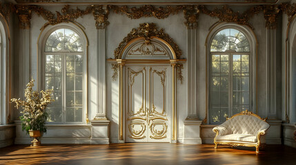 Fototapeta premium Elegant Gold Trimmed Interior Design with Arch Windows and a Couch in a Grand Room