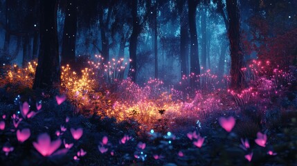 Fototapeta premium A bioluminescent forest where the plants emit a soft, colorful glow
