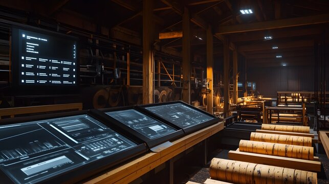 A sawmill where the entire operation is controlled by computer interfaces. Digital screens show real-time data on the log cutting process - Powered by Adobe