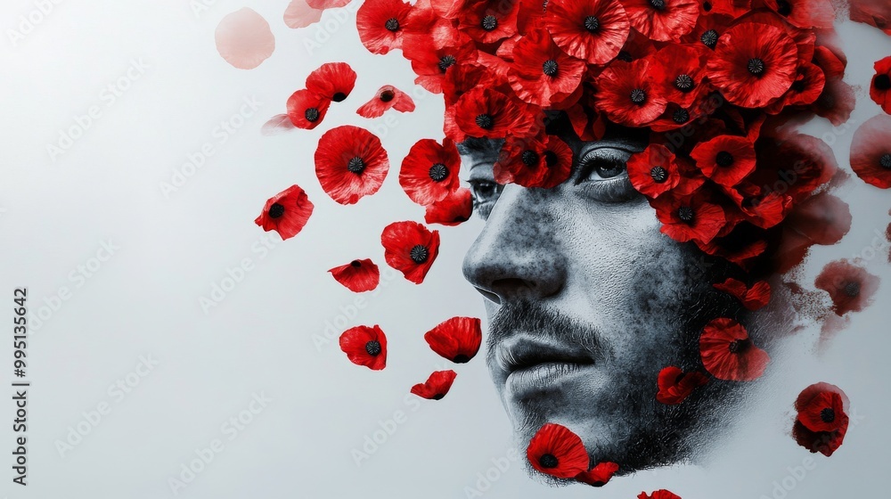 Poster A man's face is covered in red flowers