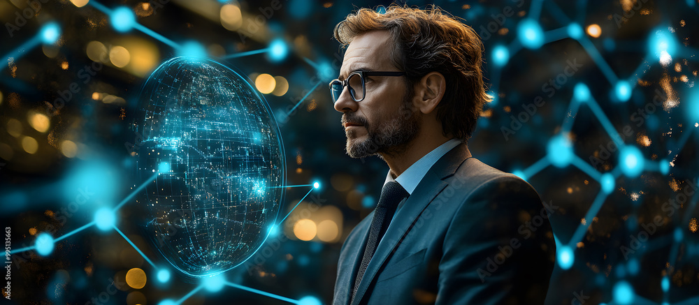 Poster a man in a suit is looking at a computer screen with a blue background